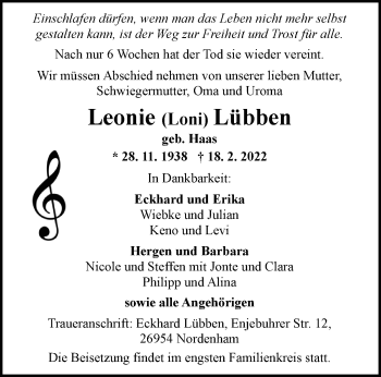 Traueranzeige von Leonie Lübben von Nordwest-Zeitung