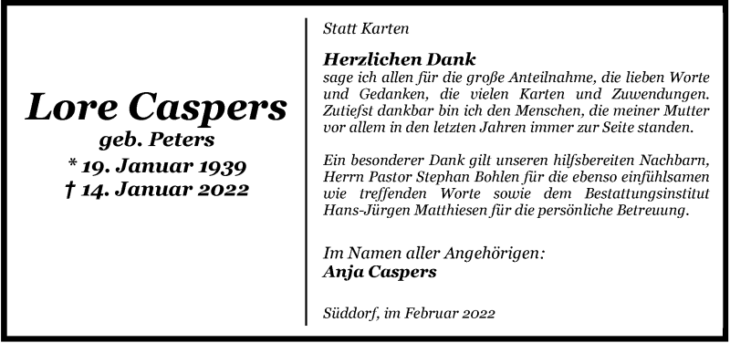  Traueranzeige für Lore Caspers vom 25.02.2022 aus Nordwest-Zeitung