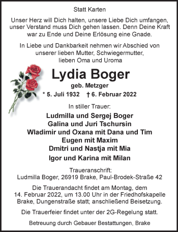 Traueranzeige von Lydia Boger von Nordwest-Zeitung