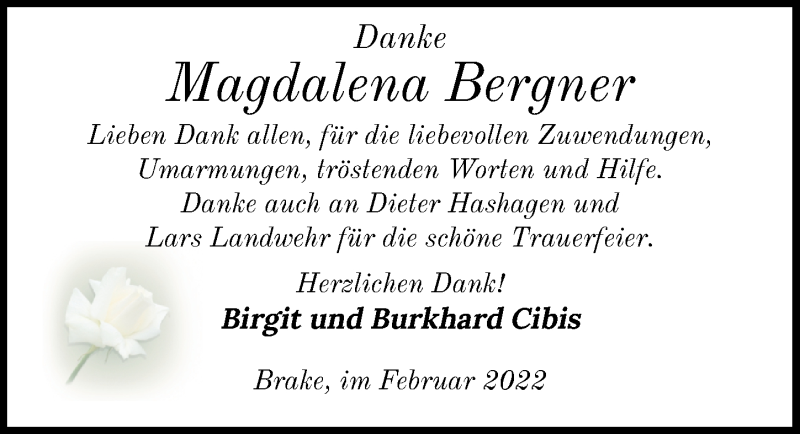  Traueranzeige für Magdalena Bergner vom 16.02.2022 aus Nordwest-Zeitung