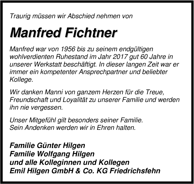  Traueranzeige für Manfred Fichtner vom 05.02.2022 aus Nordwest-Zeitung