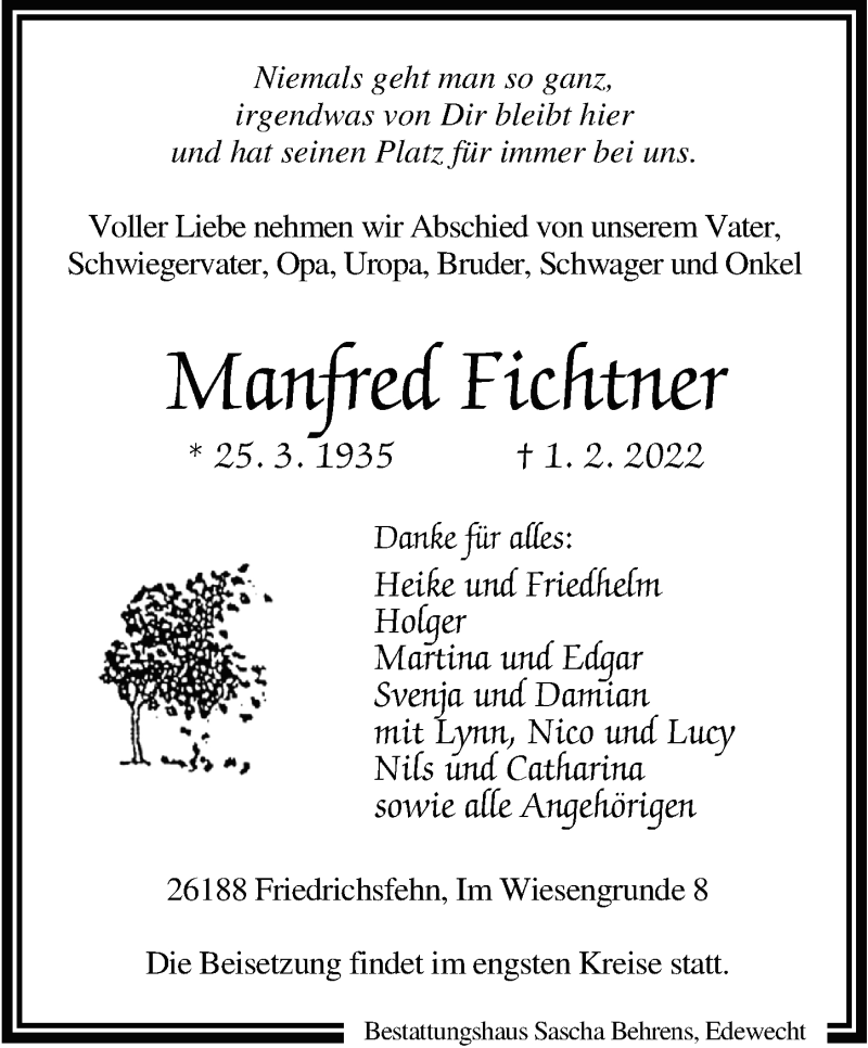  Traueranzeige für Manfred Fichtner vom 05.02.2022 aus Nordwest-Zeitung