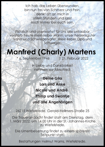 Traueranzeige von Manfred Martens von Nordwest-Zeitung