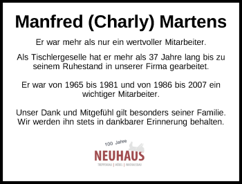 Traueranzeige von Manfred Martens von Nordwest-Zeitung