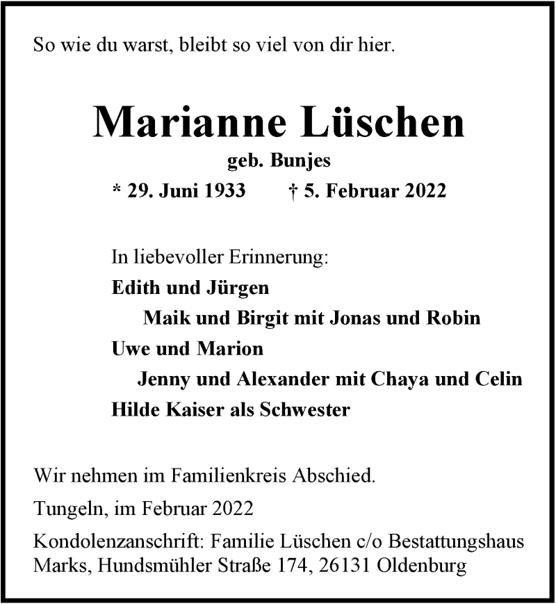  Traueranzeige für Marianne Lüschen vom 12.02.2022 aus Nordwest-Zeitung