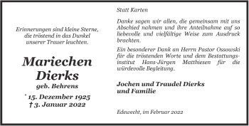 Traueranzeige von Mariechen Dierks von Nordwest-Zeitung