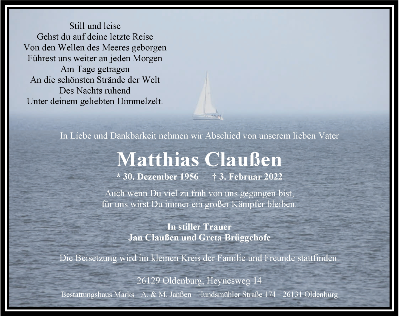  Traueranzeige für Matthias Claußen vom 28.02.2022 aus Nordwest-Zeitung
