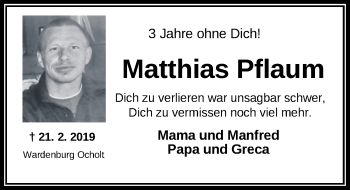 Traueranzeige von Matthias Pflaum von Nordwest-Zeitung