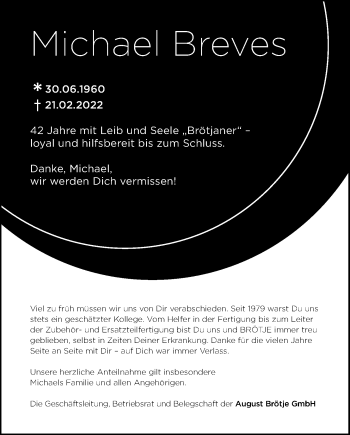 Traueranzeige von Michael Breves von Nordwest-Zeitung