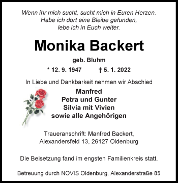 Traueranzeige von Monika Backert von Nordwest-Zeitung
