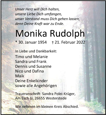 Traueranzeige von Monika Rudolph von Nordwest-Zeitung