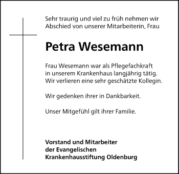 Traueranzeige von Petra Wesemann von Nordwest-Zeitung