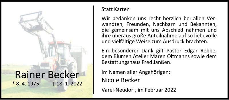  Traueranzeige für Rainer Becker vom 19.02.2022 aus Nordwest-Zeitung