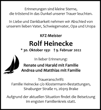 Traueranzeige von Rolf Heinecke von Nordwest-Zeitung
