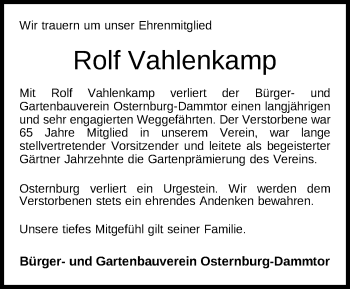 Traueranzeige von Rolf Vahlenkamp von Nordwest-Zeitung