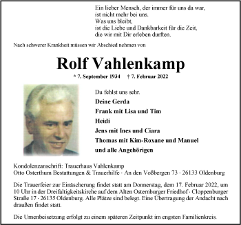 Traueranzeige von Rolf Vahlenkamp von Nordwest-Zeitung