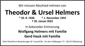 Traueranzeige von Theodor Helmers von Nordwest-Zeitung