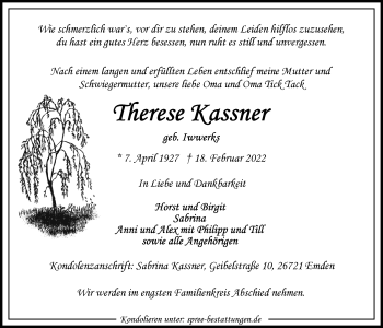 Traueranzeige von Therese Kassner von Emder Zeitung