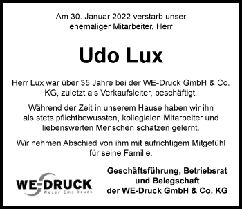Traueranzeige von Udo Lux von Nordwest-Zeitung