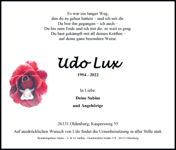 Traueranzeige von Udo Lux von Nordwest-Zeitung