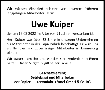 Traueranzeige von Uwe Kuiper von Nordwest-Zeitung