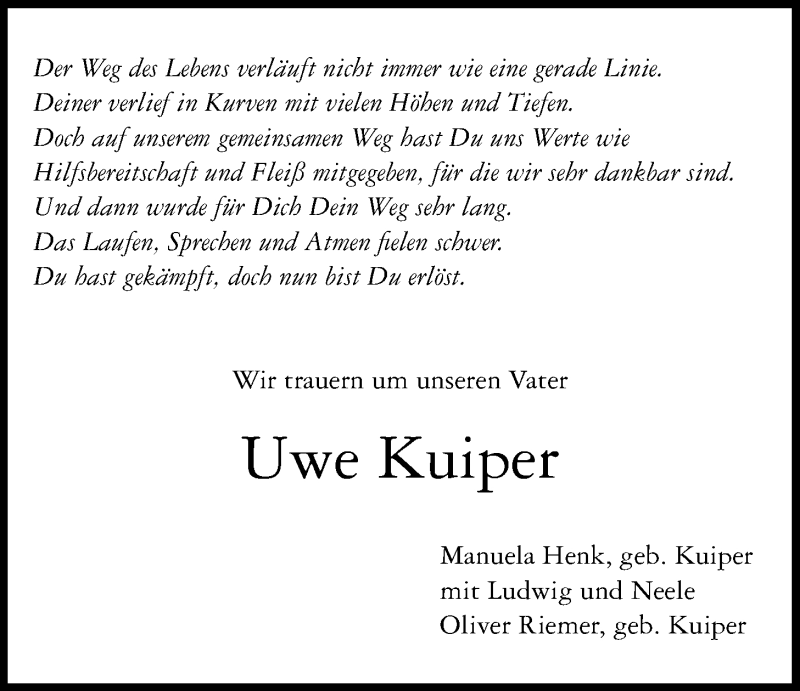  Traueranzeige für Uwe Kuiper vom 23.02.2022 aus Nordwest-Zeitung