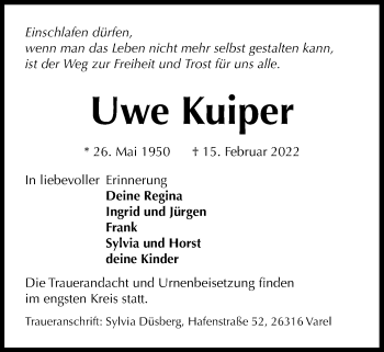 Traueranzeige von Uwe Kuiper von Nordwest-Zeitung