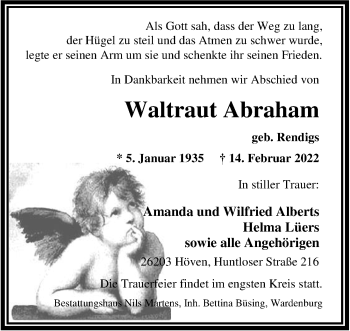 Traueranzeige von Waltraut Abraham von Nordwest-Zeitung