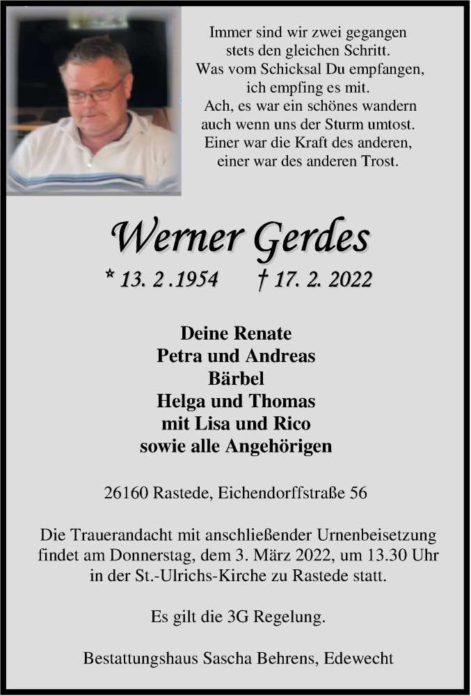  Traueranzeige für Werner Gerdes vom 22.02.2022 aus Nordwest-Zeitung