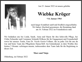 Traueranzeige von Wiebke Kröger von Nordwest-Zeitung