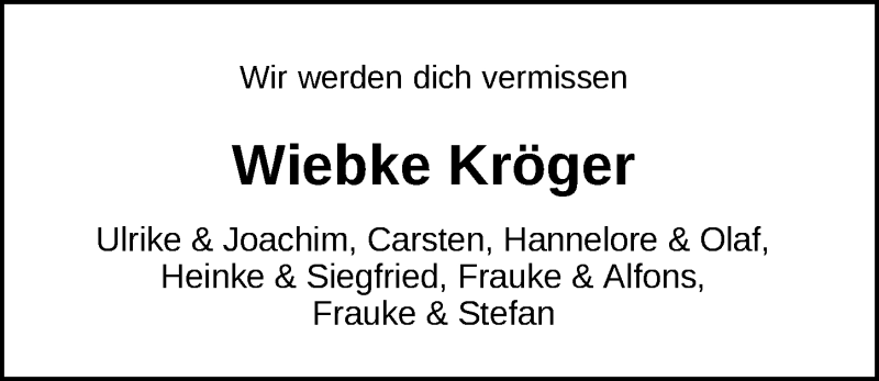 Traueranzeige für Wiebke Kröger vom 19.02.2022 aus Nordwest-Zeitung
