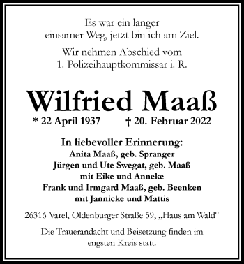 Traueranzeige von Wilfried Maaß von Nordwest-Zeitung