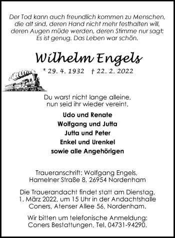 Traueranzeige von Wilhelm Engels von Nordwest-Zeitung