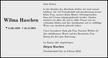 Traueranzeige von Wilma Haschen von Nordwest-Zeitung