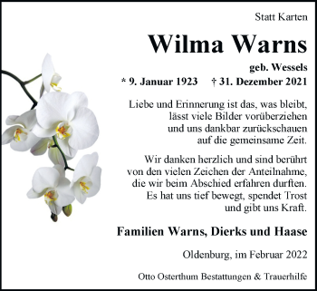 Traueranzeige von Wilma Warns von Nordwest-Zeitung