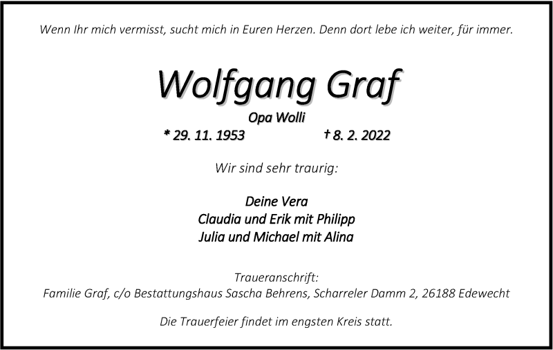  Traueranzeige für Wolfgang Graf vom 19.02.2022 aus Nordwest-Zeitung