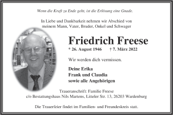 Traueranzeige von Friedrich Freese von Nordwest-Zeitung