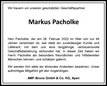 Traueranzeige von Markus Pacholke von Nordwest-Zeitung