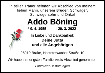 Traueranzeige von Addo Böning von Nordwest-Zeitung
