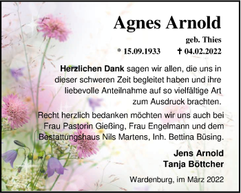 Traueranzeige von Agnes Arnold von Nordwest-Zeitung