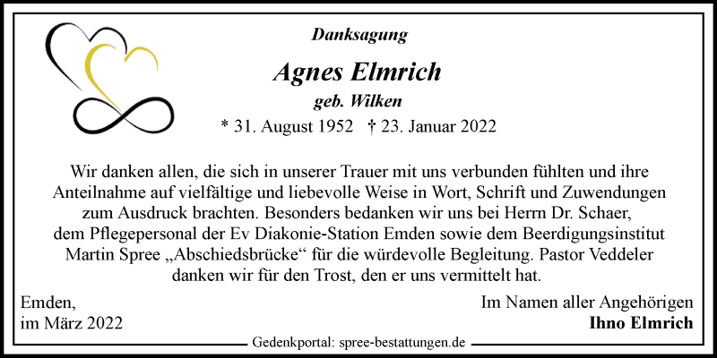  Traueranzeige für Agnes Elmrich vom 12.03.2022 aus Emder Zeitung