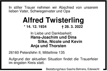 Traueranzeige von Alfred Twisterling von Nordwest-Zeitung
