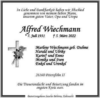 Traueranzeige von Alfred Wiechmann von Nordwest-Zeitung
