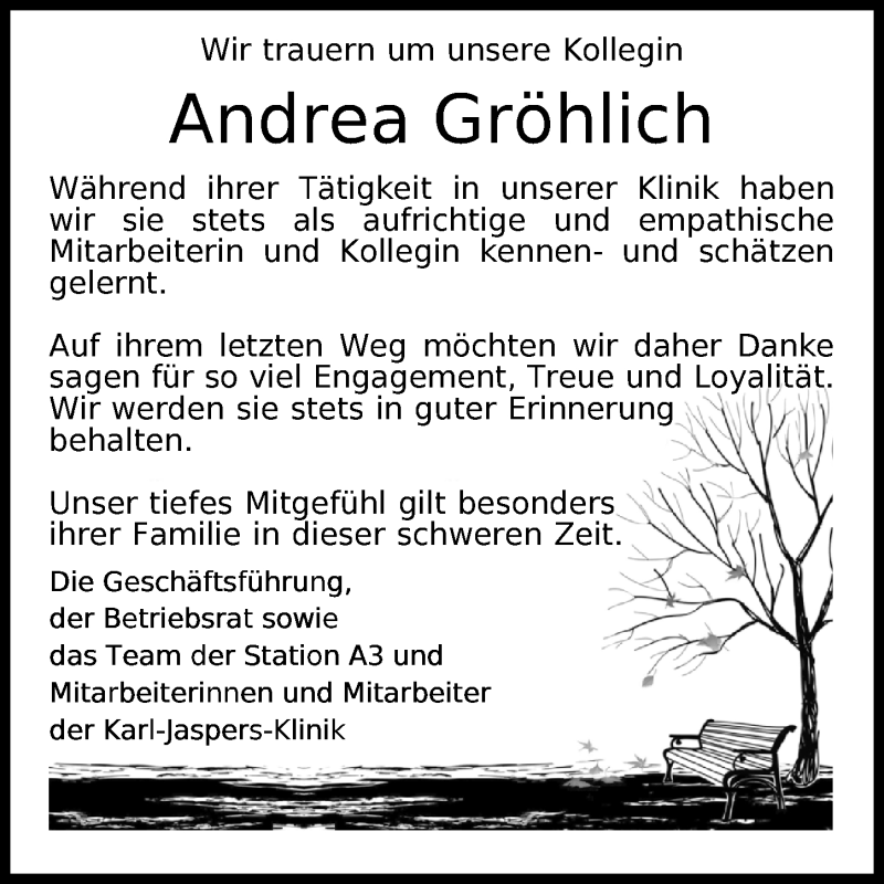  Traueranzeige für Andrea Gröhlich vom 04.03.2022 aus Nordwest-Zeitung