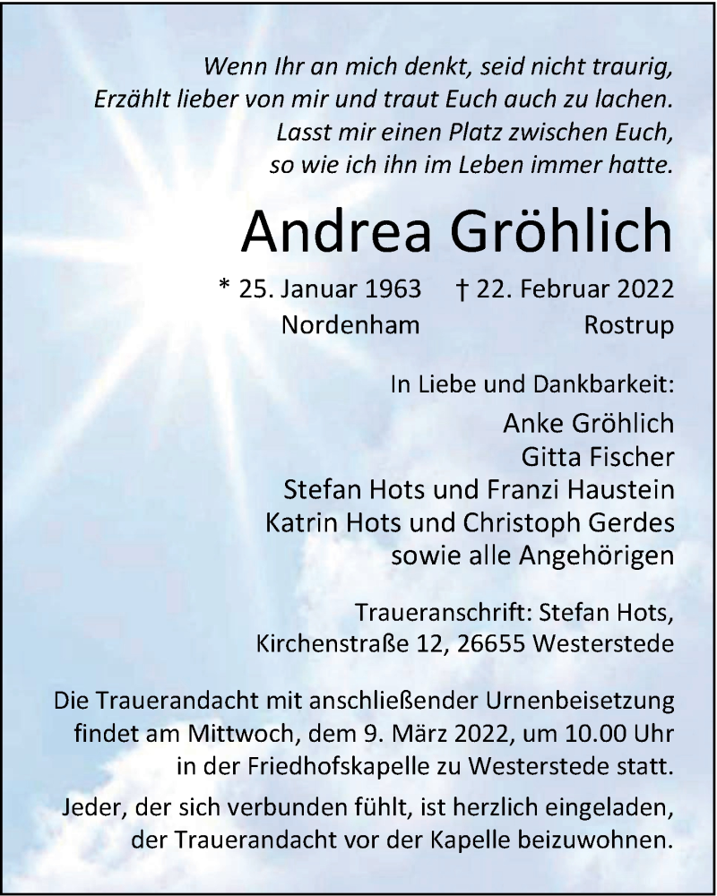  Traueranzeige für Andrea Gröhlich vom 04.03.2022 aus Nordwest-Zeitung