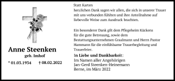 Traueranzeige von Anne Steenken von Nordwest-Zeitung