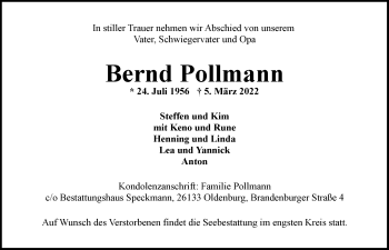 Traueranzeige von Bernd Pollmann von Nordwest-Zeitung