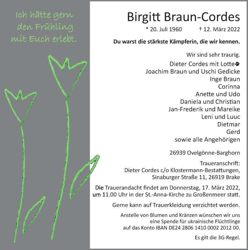  Traueranzeige für Birgitt Braun-Cordes vom 15.03.2022 aus Nordwest-Zeitung