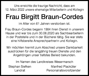 Traueranzeige von Birgitt Braun-Cordes von Nordwest-Zeitung