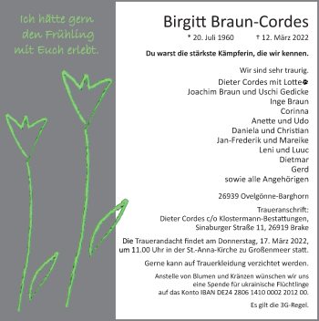 Traueranzeige von Birgitt Braun-Cordes von Nordwest-Zeitung